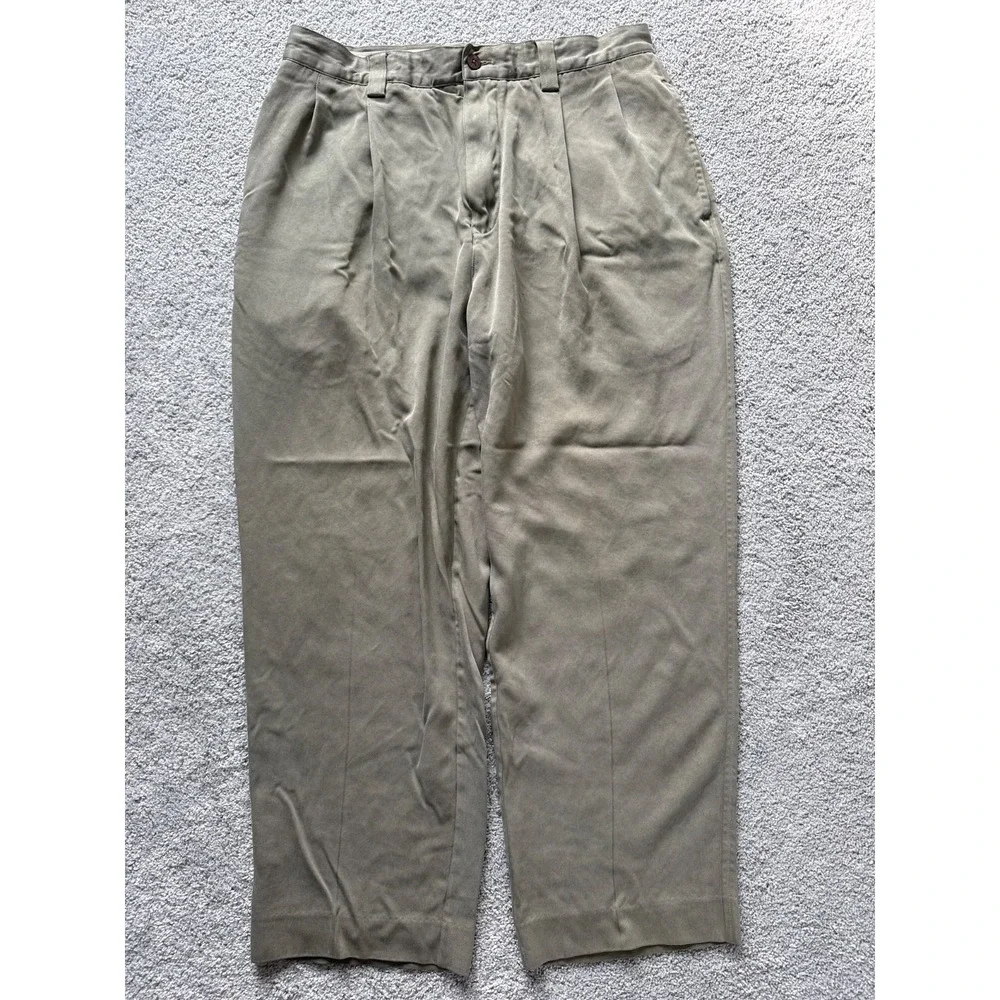 Tommy Bahama Size 35 Olive‎ Straight Pleated Pants Men 100% Silk Chino Relax